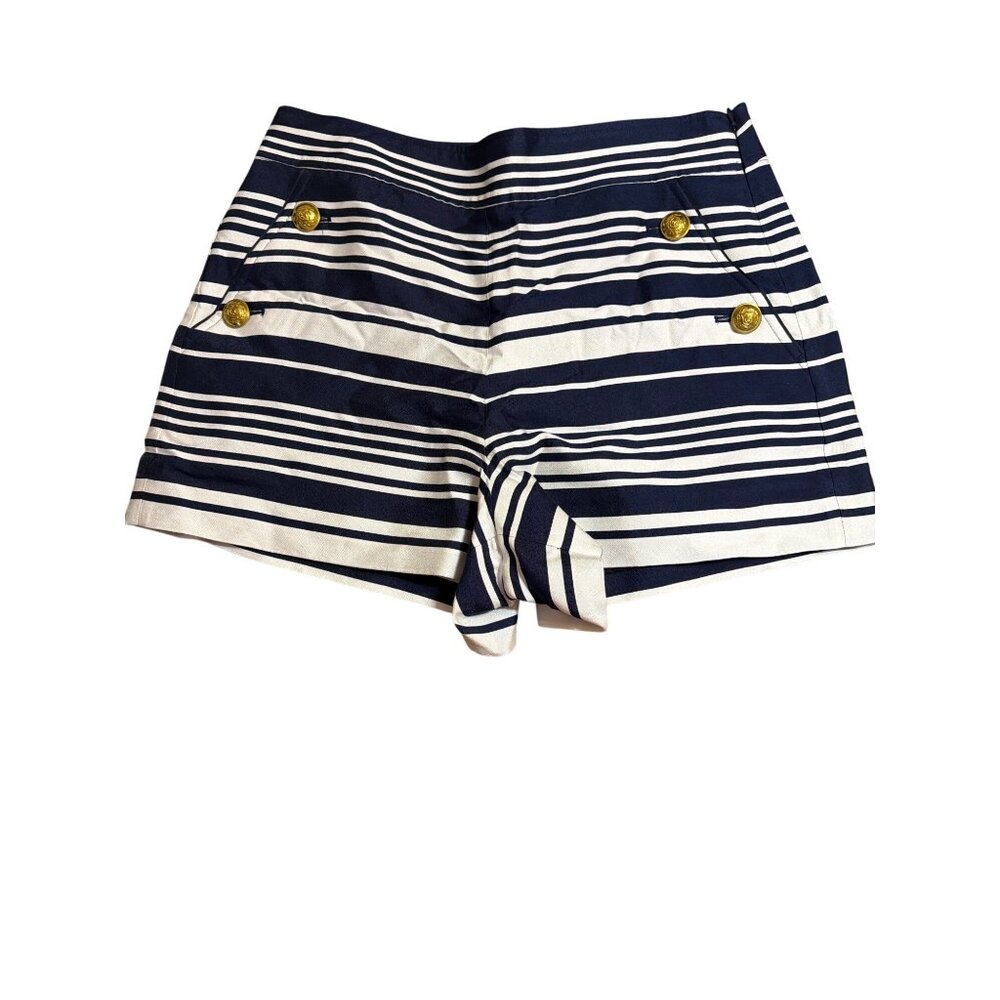 J.Crew High Rise Sailor Shorts Blue White Striped Gold Tone Buttons Sz 10 NWT
